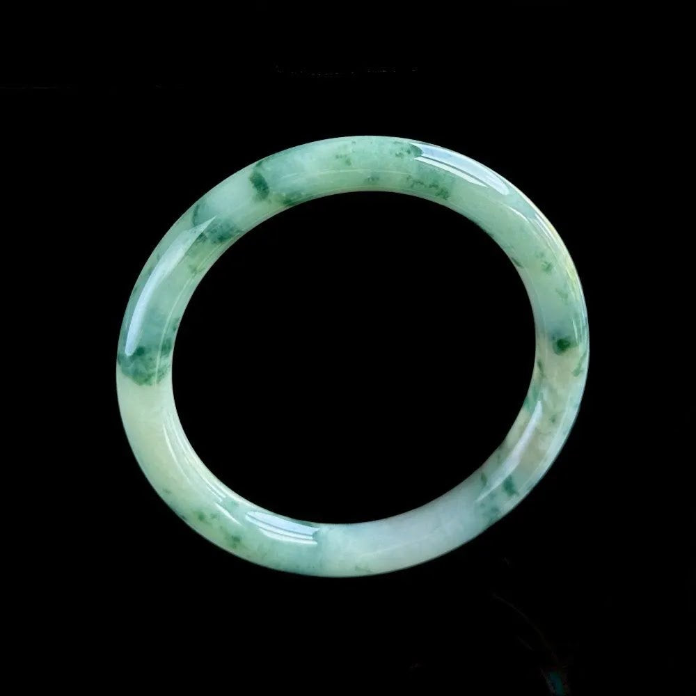 Green Floral-Pattern Jadeite Bangle – Soft Green & White W/ Golden Flecks - Natural Type A