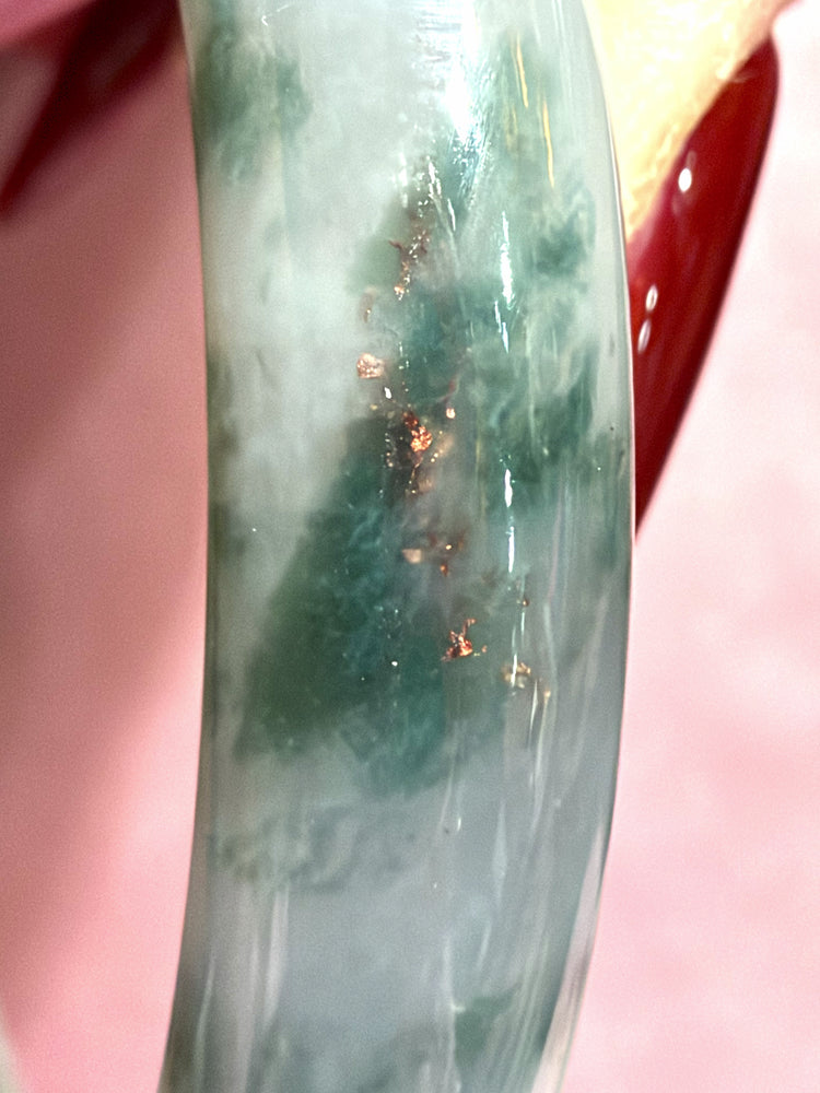 Green Floral-Pattern Jadeite Bangle – Soft Green & White W/ Golden Flecks - Natural Type A