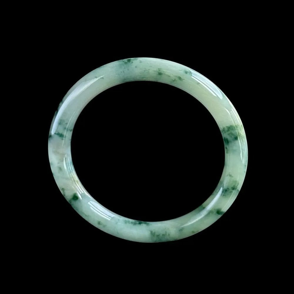 Green Floral-Pattern Jadeite Bangle – Soft Green & White W/ Golden Flecks - Natural Type A