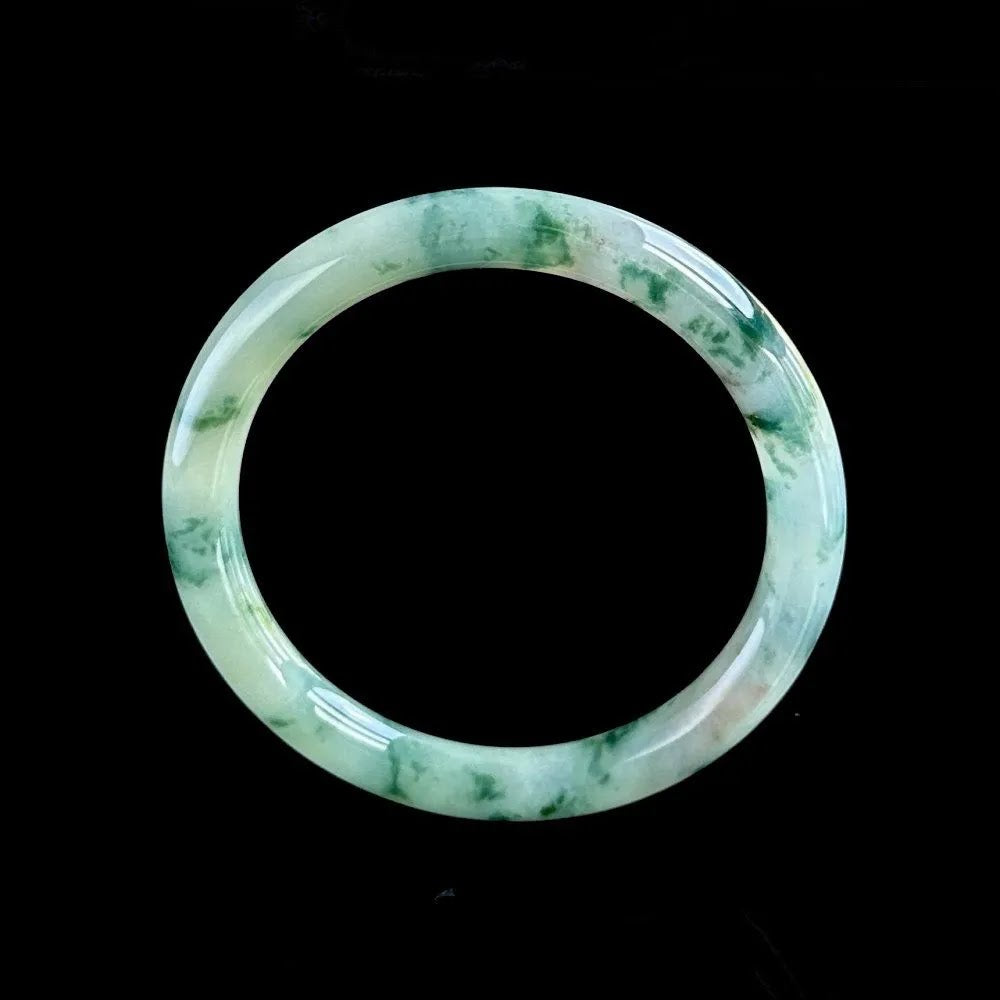Green Floral-Pattern Jadeite Bangle – Soft Green & White W/ Golden Flecks - Natural Type A
